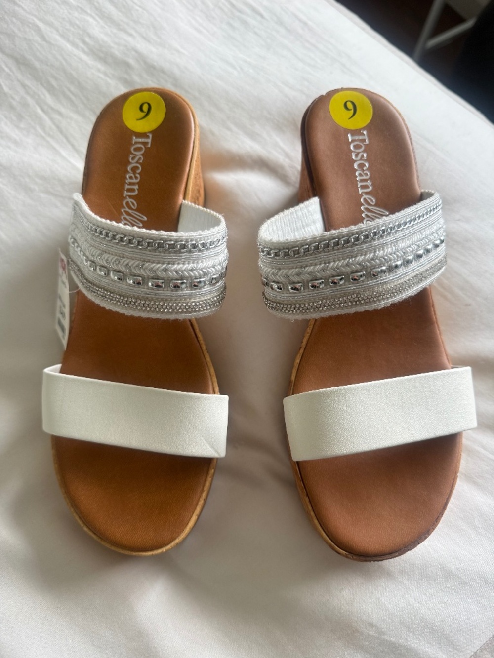 NWT Toscanella White Embellished Cork Wedge Slide Sandals Size 9
